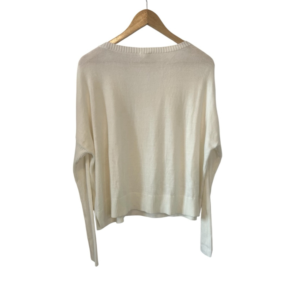 GARAGE Cream Lightweight Knit Ribbed Sleeve Short Pullover Scoop Neck Sweater M - Picture 3 of 9